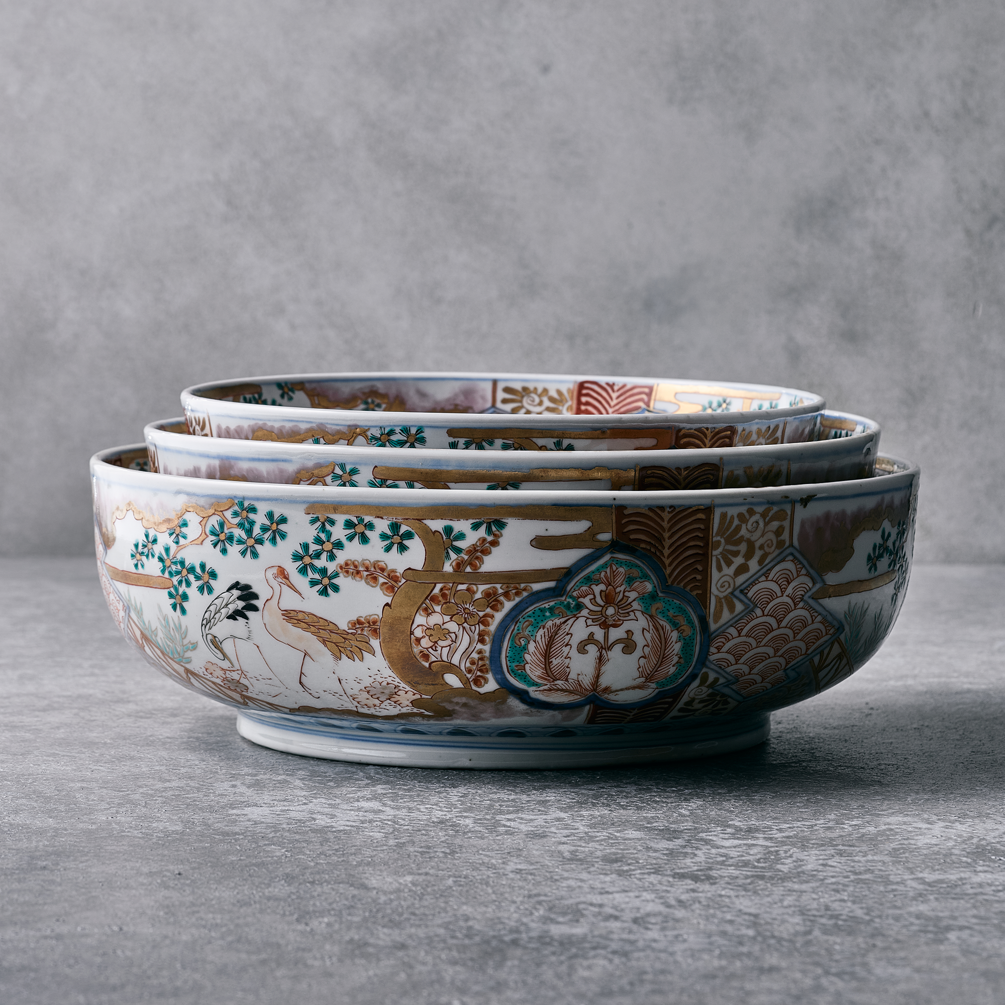 IMARI WARE CLASSIC PATTERN BOWL 3PC SET  Φ11xH3.74in / 10xH3.34in / 8.6xH3in 古伊万里色絵三つ鉢SETセット
